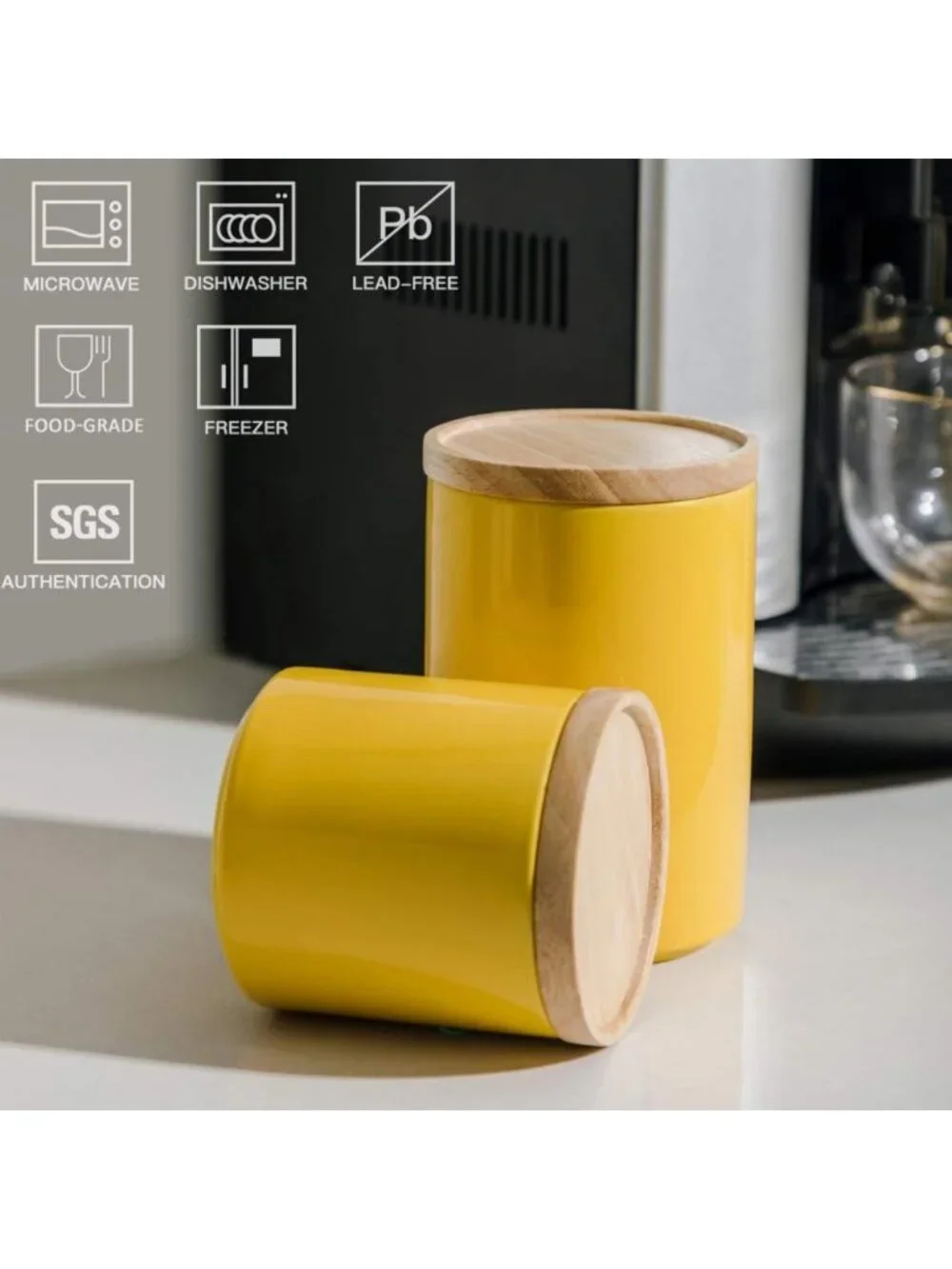 Stackable Ceramic Kitchen Canisters with Airtight Wooden Lid - Food Storage Jars